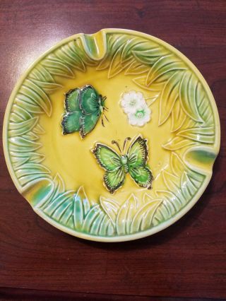 Elegant Floral And Butterfly Glazed Ceramic Round Ash Tray 7 Inches Japan