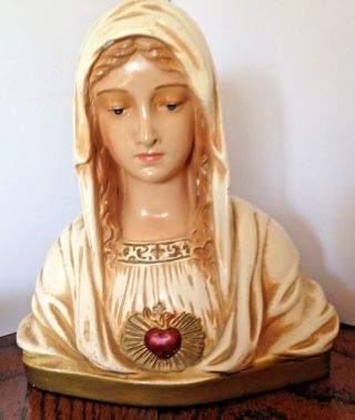Beautifully Detailed Vintage Blessed Virgin Mary Chalkware Wall Plaque Marked Ma