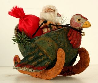 Christmas Santa Riding In A Turkey Sleigh Hand Sculpted Ooak By Linda Padavan