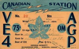 Ve4agp George Birkett Winnipeg,  Canada 1937 Vintage Ham Radio Qsl Card