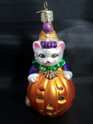Merck Old World Christmas Clown Cat With Pumpkin Glass Halloween Ornament