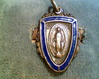 Vintage Religious Catholic Virgin Mary Sterling Silver & Blue Enamel Pendant