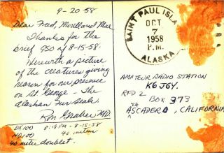 KLCTA Ron Graker MD St.  George Island,  Alaska 1958 Vintage Ham Radio QSL Card 2
