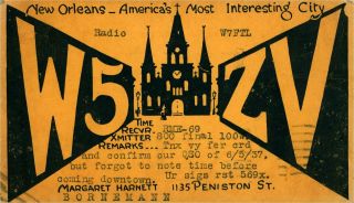 W5zv Margaret Harnett Orleans,  Louisiana 1937 Vintage Ham Radio Qsl Card