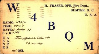 W4bqm H.  Fraser Sumter,  South Carolina 1937 Vintage Ham Radio Qsl Card