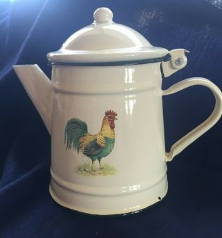 Vintage French Farmhouse Coffee Pot - Creamy White Enamel Ware / Rooster Tea