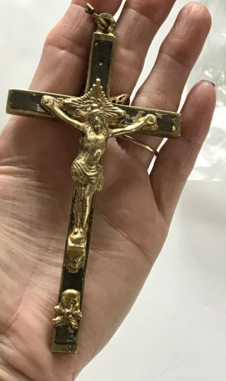 Vintage Crucifix Ebony Brass Wood Skull Crossbones Nun Priest Faith Cross 5 "