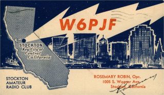 W6pjf Rosemary Robin Sockton,  California 1955 Vintage Ham Radio Qsl Card
