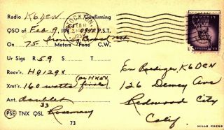 W6PJF Rosemary Robin Sockton,  California 1955 Vintage Ham Radio QSL Card 2