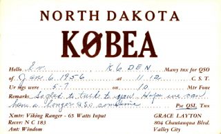 K0bea Grace Layton Valley City,  North Dakota 1956 Vintage Ham Radio Qsl Card
