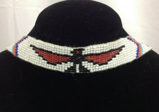 Vintage Native American Navajo Leather Choker Thunderbird Glass Seed Beaded Nos