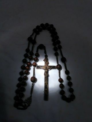 Antique Wooden Rosary And Cross With Skull And Crossbones