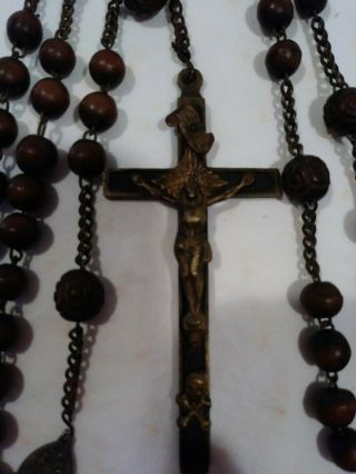 Antique Wooden Rosary And Cross With Skull And Crossbones 2