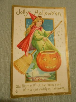 Jolly Halloween Lcs Co Stecher Postcard / Little Witch On Broomstick W/ Jol