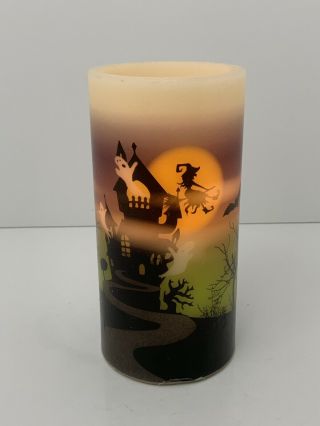 Halloween Flameless Candle Haunted House Witch On Broom Bats Ghosts