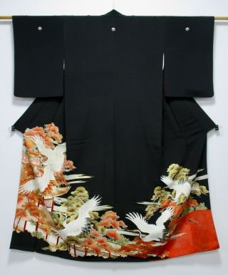 Japanese Kimono Silk Antique Tomesode / Crane / Embroidery / Pine Tree /147
