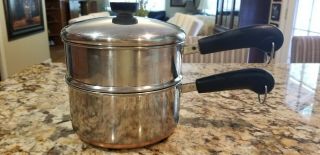 Vintage Revere Ware Copper Bottom Stainless 2 Qt Sauce Pan With Steamer And Lid