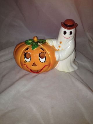 Vintage Geo Lefton Halloween Candle Holder Ghost Pumpkin Jack - O - Lantern