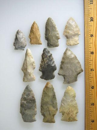 group of 10 colorful Archaic - Woodland points,  Jackson Co. ,  IL.  x Fricke 2