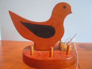 Vintage Wooden Bird Pin Cushion W/ 6 Wood Thread Spools Storage