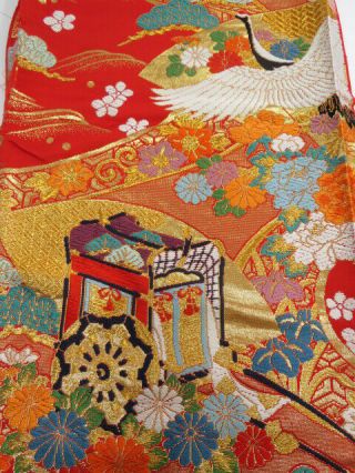 Ki05z120 Japanese Kimono Silk Uchikake Fabric Red,  Gold 34.  6 "