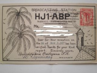 Qsl Card From Radio Station Hj1 - Abp Cartagena Colombia (1937)