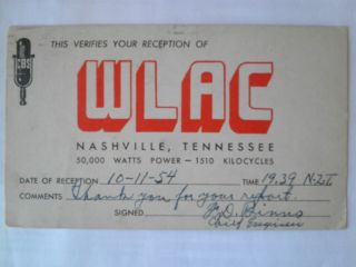 Qsl Card From Radio Station Wlac Nashville Tn (1954)
