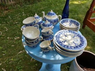 Vintage Talavera Mexican Pottery Hand Painted Blue & White Dinnerware Tea Coffee