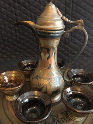 Unique Egyptian Brass Tea Set Pharaoh With Glass Inserts And Plate The Luxor