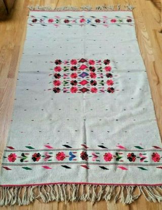 Vintage Mexican Hand Woven Wool Blanket Rug Pink Flowers Floral Mexico Serape