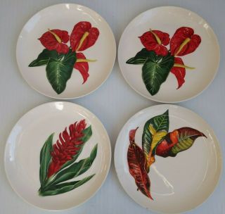 Santa Anita Ware 10 " Plate Set Of 4 - Red Anthurium,  Red Ginger,  Croton Leaves
