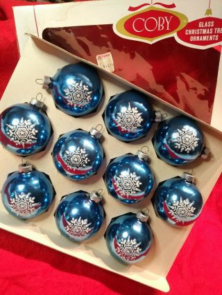 Vintage Boxed 10 Coby Blue Metallic Glitter Glass Christmas Ornaments Snowflakes