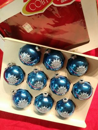 Vintage Boxed 10 Coby Blue Metallic Glitter Glass Christmas Ornaments Snowflakes 2