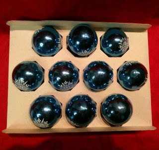Vintage Boxed 10 Coby Blue Metallic Glitter Glass Christmas Ornaments Snowflakes 3