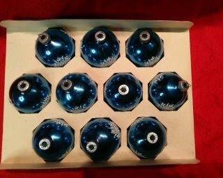 Vintage Boxed 10 Coby Blue Metallic Glitter Glass Christmas Ornaments Snowflakes 4