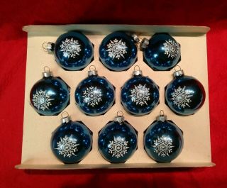 Vintage Boxed 10 Coby Blue Metallic Glitter Glass Christmas Ornaments Snowflakes 5