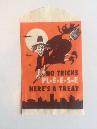 Vintage 1940 - 60s Halloween Treat Paper Bag W/ Witch On Broom And Black Cat