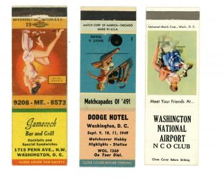 3 Washington,  Dc Pin Up Matchcovers:gamecock Bar,  Dodge Hotel,  Washington Air Nco