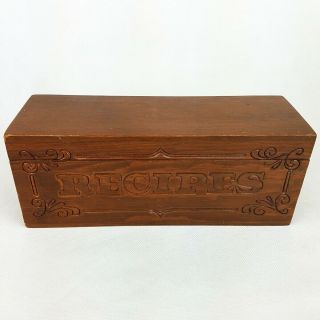 Vintage Wood Recipe Box Carved Front Double Compartment Organization Hinged Lid
