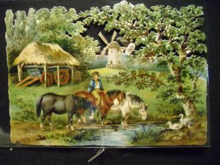 Victorian Scrap 9088 - Farm Scene Horses Drinking - Extra Large - By Tuck
