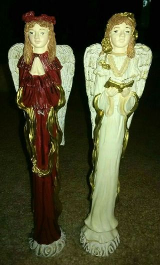 Pair Christmas Angels Tall Pencil Figurines Resin Earth Tones