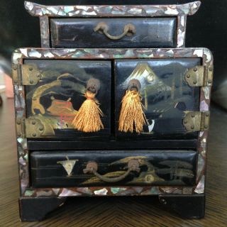 Vintage Miniature Japanese Lacquer,  Hand Painted Asian Wooden Chest,  Pearl Inlay