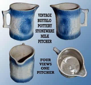 Vintage Buffalo Pottery Stoneware Milk Pitcher With Blue Decoration On Gray