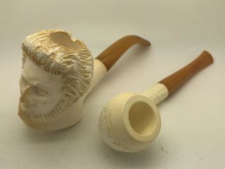 Pair Carved Meerschaum Pipes With Butterscotch Bakelite Handles Abraham Lincoln