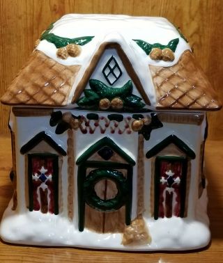 The Cellar Large Log Cabin Winter Holiday Cookie Jar 7.  5 " X 7.  5 " Small Chip