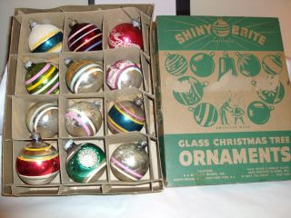 Vtg.  2 1/4 " Striped Scene Glass Xmas Balls - 12 - Shiny Brite Box - Mica