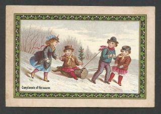 C20 - Victorian Xmas Card - Children Pulling Log - Chromo On Framed Border
