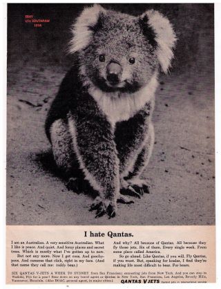 1961 Quantas Airlines " I Hate Quantas " Koala Bear Classic Vintage Print Advert.