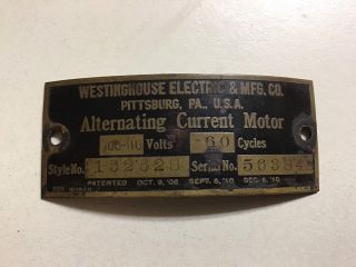Vintage Antique Westinghouse Electric Fan Motor Id Tag Plate 162628