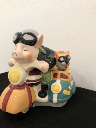 Pig And Dog On Motorcycle In Side Car Cookie Jar